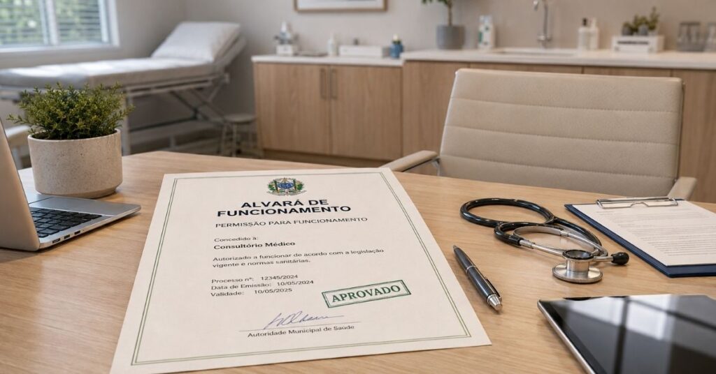 Alvará de funcionamento em cima da mesa de um consultório médico, documento importante para regularizar o escritório médico